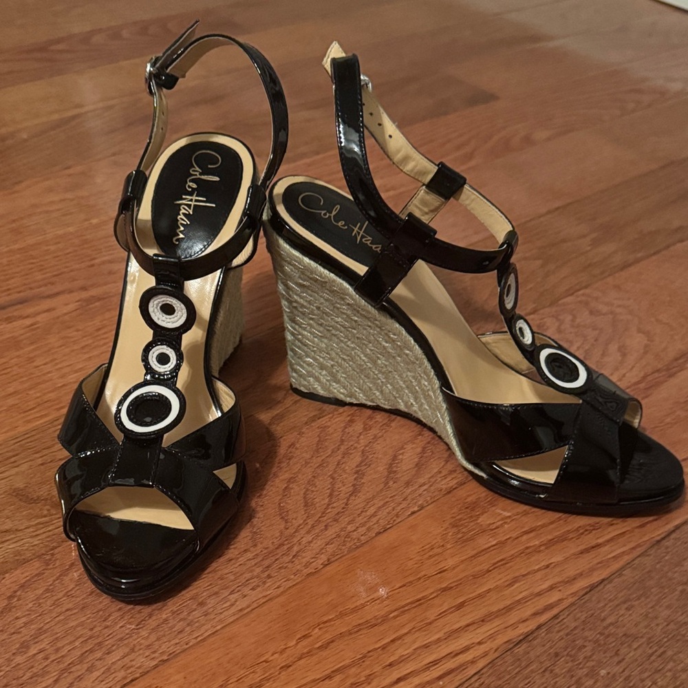 Cole Haan Black Patent Wedge Sandals
